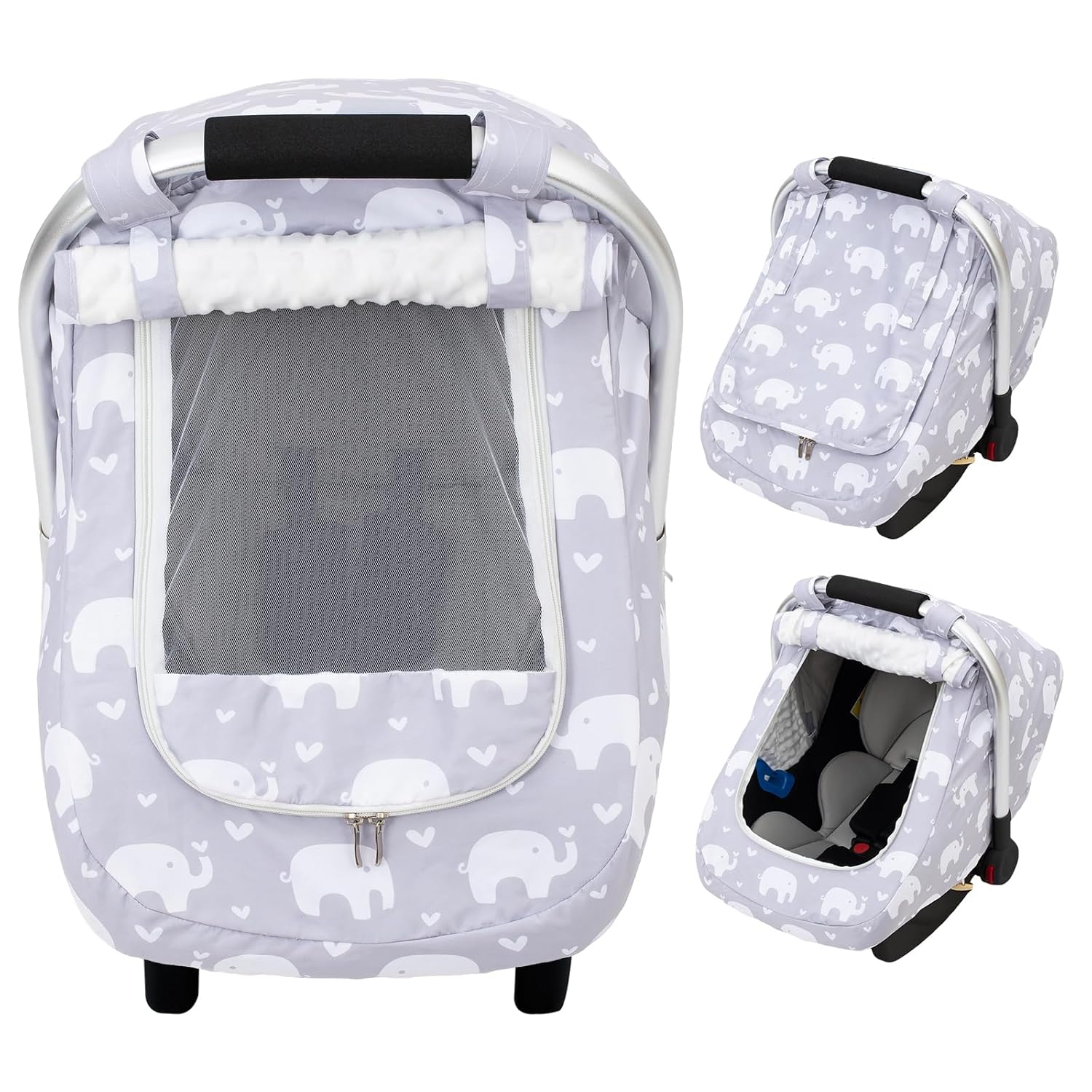 Baby Car Seat Cover, Mink Warm Infant Car Seat Cover for Girls Boys, Universal Carseat Cover with Mesh Peep Window & Sun Shade, Baby Carrier Canopy Cover for Winter Autumn