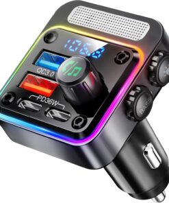 Nulaxy 54W Bluetooth 5.3 Car Adapter Charger 4-Port Fast Charging [PD36W & QC3.0 18W], Wireless Radio FM Transmitter with Deep Bass Player, 5 Colors LED Backlit, Hands-Free Calling, Support USB Drive