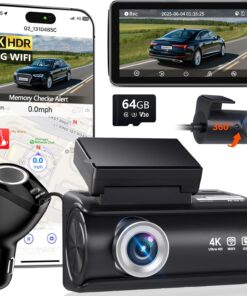 Dash Cam Front and Rear, 4K Full HD Dual Dash Camera for Cars, Built-in Memory Card Monitoring, 64GB Card, 5G WiFi GPS, Car Camera with 3" IPS Screen, 2160P Night Vision, 24H Parking Monitor