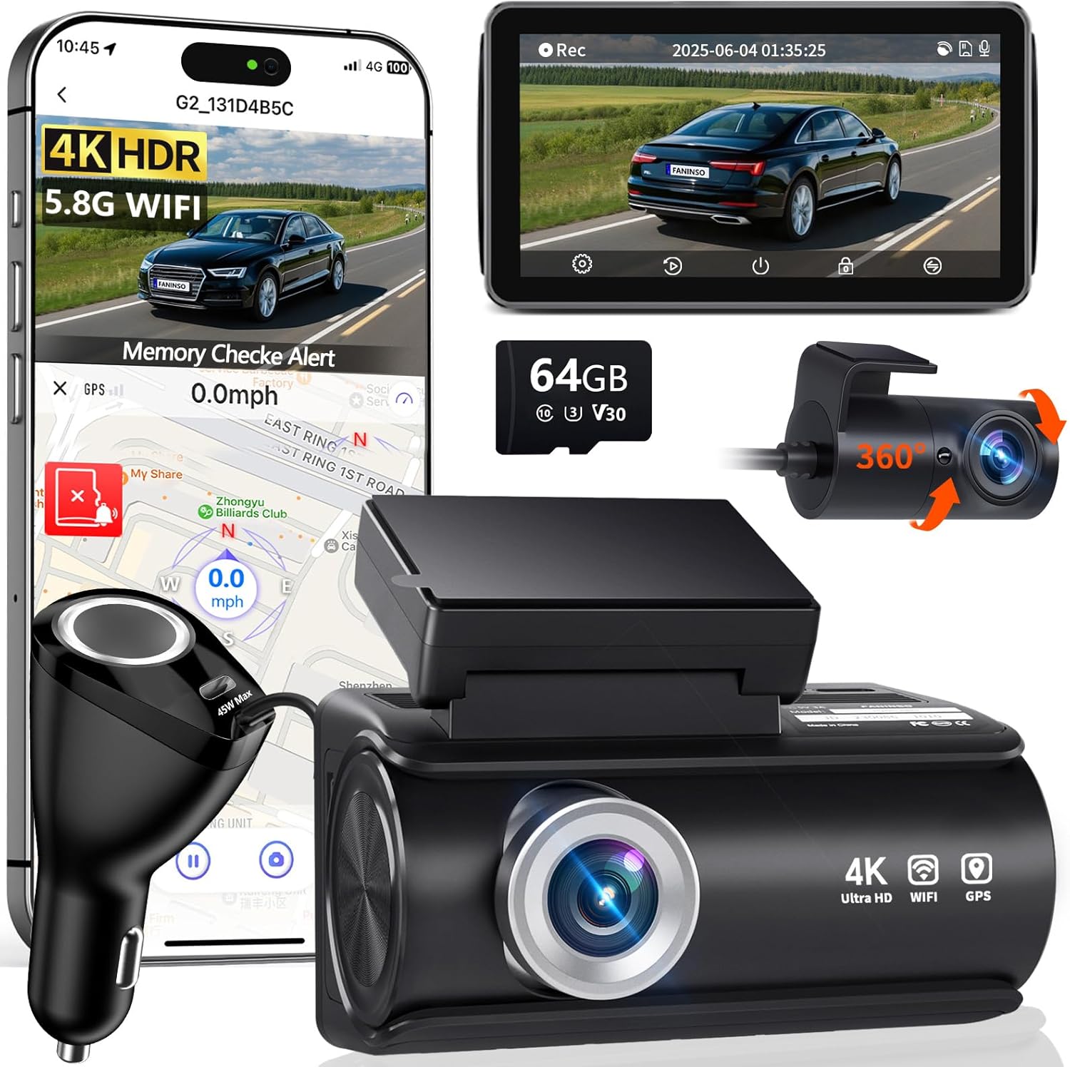 Dash Cam Front and Rear, 4K Full HD Dual Dash Camera for Cars, Built-in Memory Card Monitoring, 64GB Card, 5G WiFi GPS, Car Camera with 3" IPS Screen, 2160P Night Vision, 24H Parking Monitor