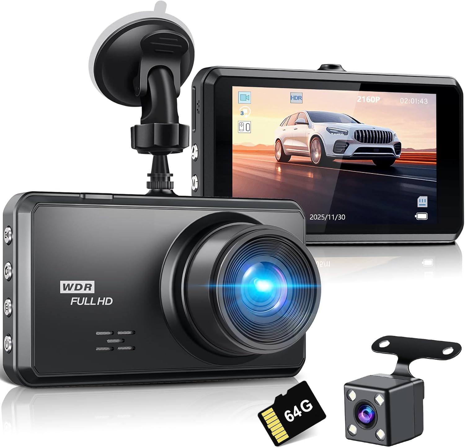 Miden S7 4K Dash Cam Front and Rear,64G SD Card,2160P+1080P FHD Dual Dash Camera for Cars,176°+160° Wide Angle,3.2'' IPS Screen Dashcam,Loop Recording,G-Sensor,WDR,24H Parking Monitor,Night Vision