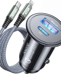 AINOPE 67.5W Super Mini Car Charger USB C 45W PD&QC 3.0 Fast Charging with C to Lighting Cable for iPhone 14 Pro Max 13 12 11, Samsung Galaxy S25, Android, All Metal Cigarette Lighter Adapter