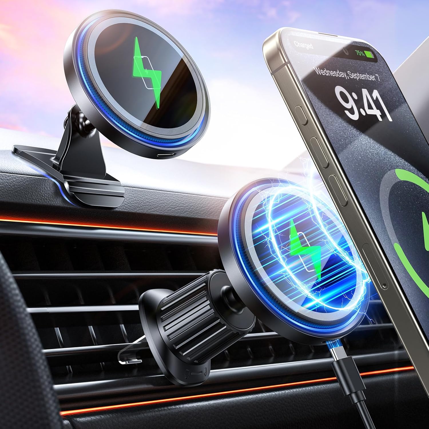 Mag-Safe Car Mount Charger 15W Magnetic Wireless Car Charger for iPhone 17 Accessories Magnetic Phone Holder for Car 3 in 1 Mag Safe Car Mount for iPhone17Pro/16/15/14/13/12 Series Gifts for Men Women
