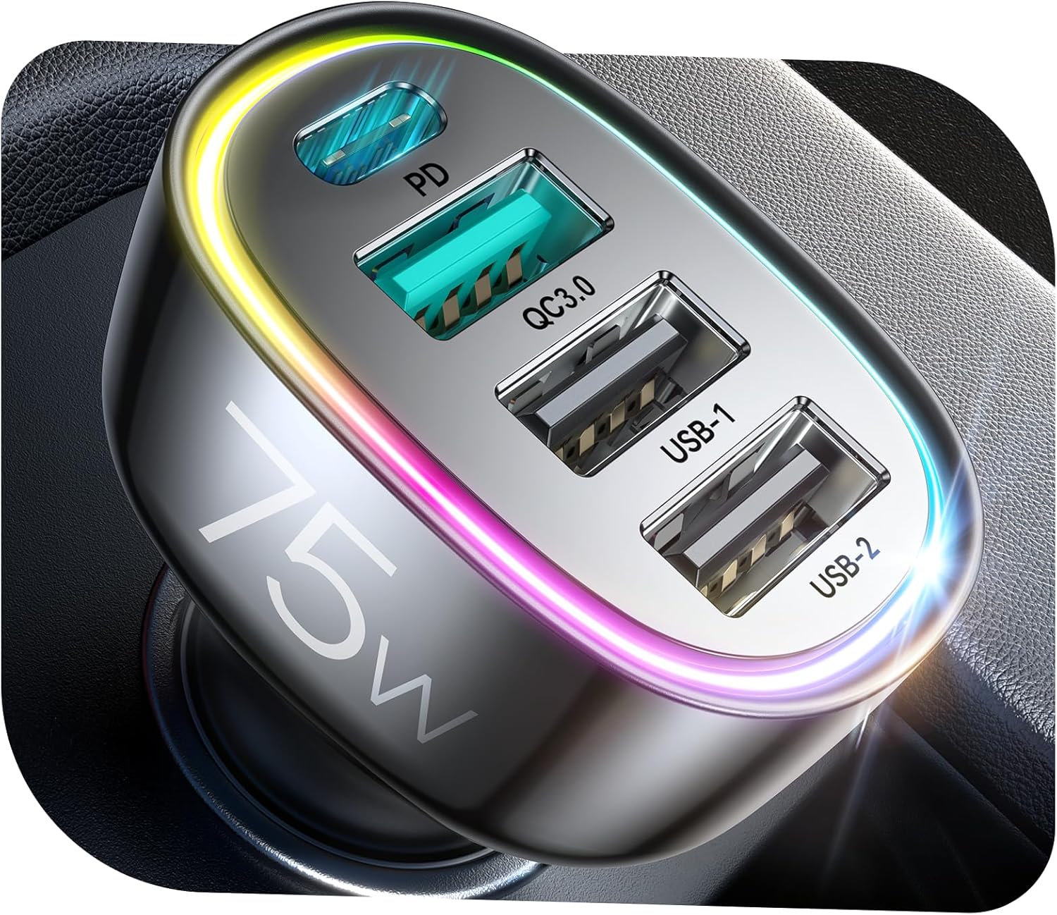 75W Car Charger USB C for iPhone 17, 4-Port Super Fast Car Phone Charger, Multi Port Cigarette Lighter Adapter for iPhone 17 Pro Max Air/16/15/14/13 Series, for Samsung S25/S24/S23, for Pixel/Android