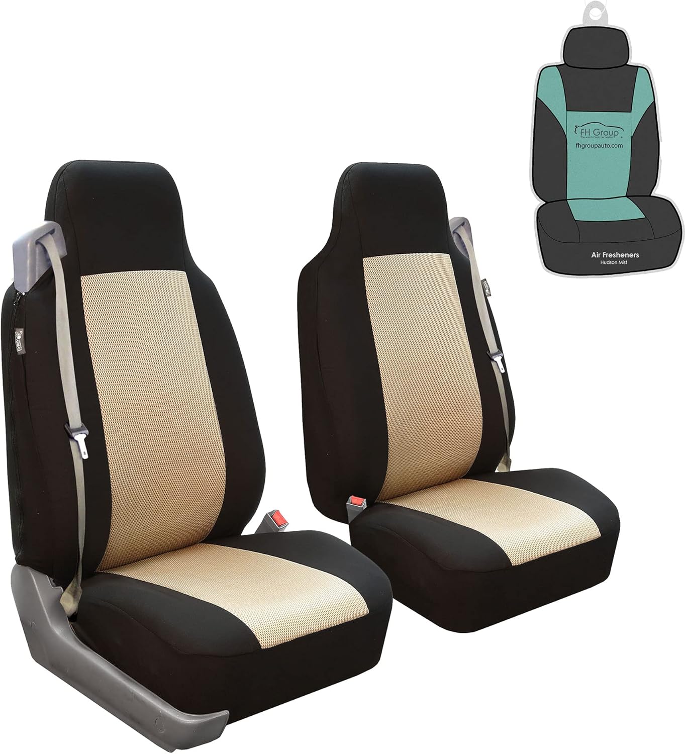 FH Group All-Purpose Built-in Seat Belt Classic Cloth Seat Covers Front Set - Universal Fit for Cars, Trucks, & SUVs (Beige)