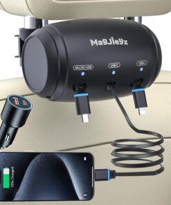 Multi Retractable Car Charging Station Box, 3 in 1 Headrest Fast Power Charging Dock Cord USB Type C Fits iPhone 16/15/14/iPad/Android/Samsung|Uber Lyft Backseat Passengers Share Rid