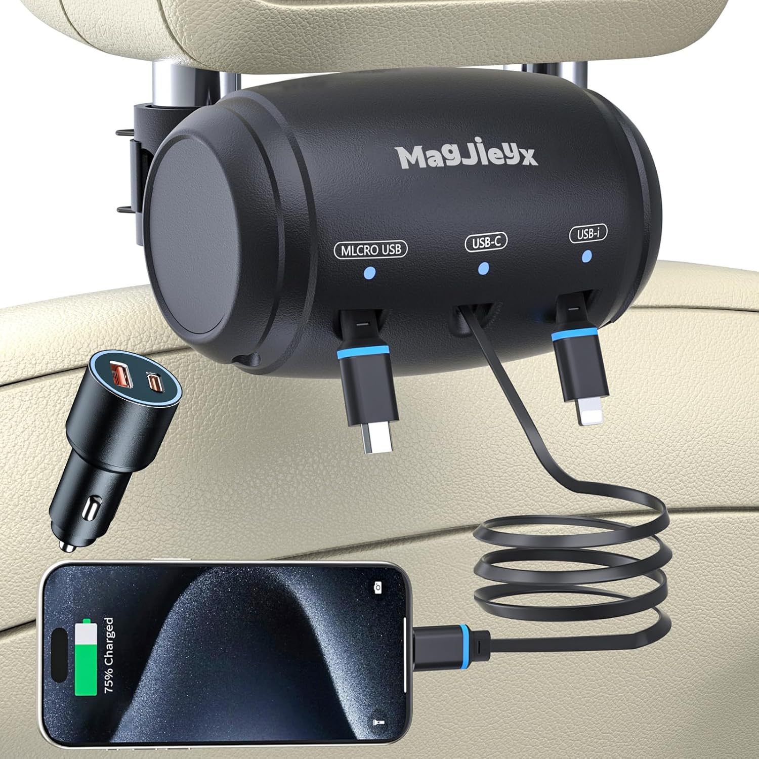 Multi Retractable Car Charging Station Box, 3 in 1 Headrest Fast Power Charging Dock Cord USB Type C Fits iPhone 16/15/14/iPad/Android/Samsung|Uber Lyft Backseat Passengers Share Rid