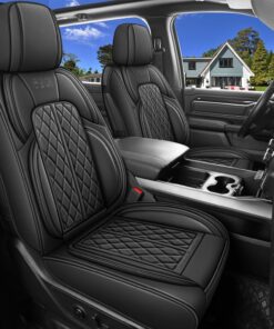 Car Seat Cover Custom Fit for Dodge Ram 1500 2500 3500 2002-2024 Faux Leather Seat Cover Set Compatible with Crew Quad Regular Cab Pickup Truck Cushions (Black Redline, Front Seat)