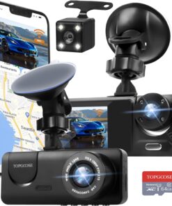 3 Channel Dash Cam WiFi FHD 1080P Car Camera 64GB TF Card,TOPGOOSE Front Dash Camera Front and Rear Inside for Cars,Mini Dashcams with Night Vision,Loop Recording,WDR,G-Sensor,App