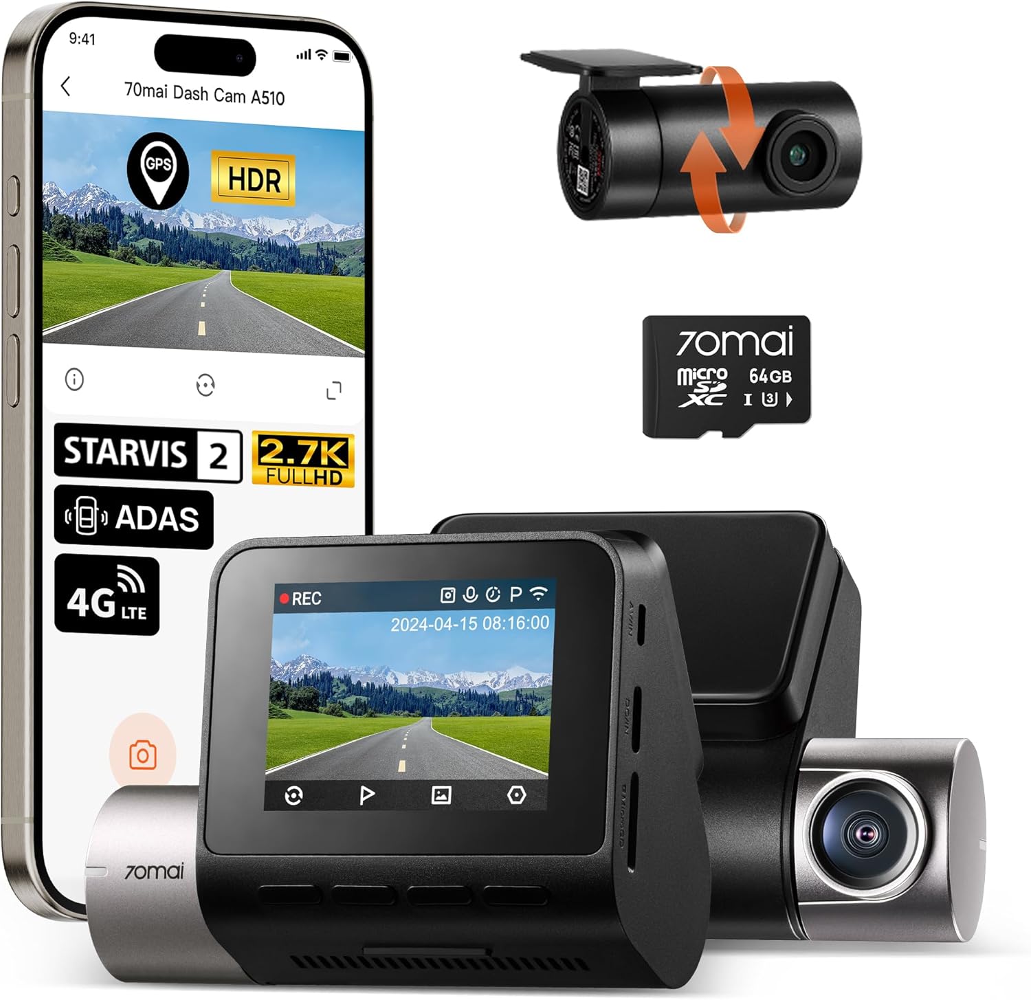 70mai 2.7K Dash Cam Front and Rear A500S, Dual Dash Camera for Cars, Dashcam with APP, Sony IMX335, ADAS, Built-in WiFi GPS, 2'' IPS Screen, WDR, Night Vision, 24/7 Parking Mode, Loop Recording