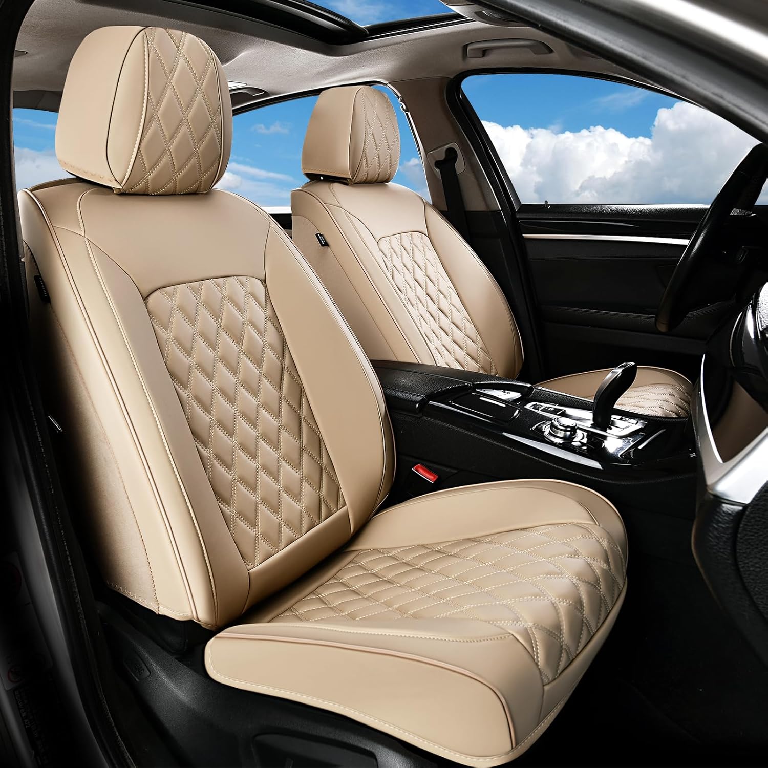 Huidasource Seat Covers for Car, Full-Cover Nappa Leather Car Seat Covers Full Set Waterproof, Black Car Seat Cover Front & Back Seat Fit for Most Cars, Vans, Trucks, SUVs (Full Set/Black&Red)